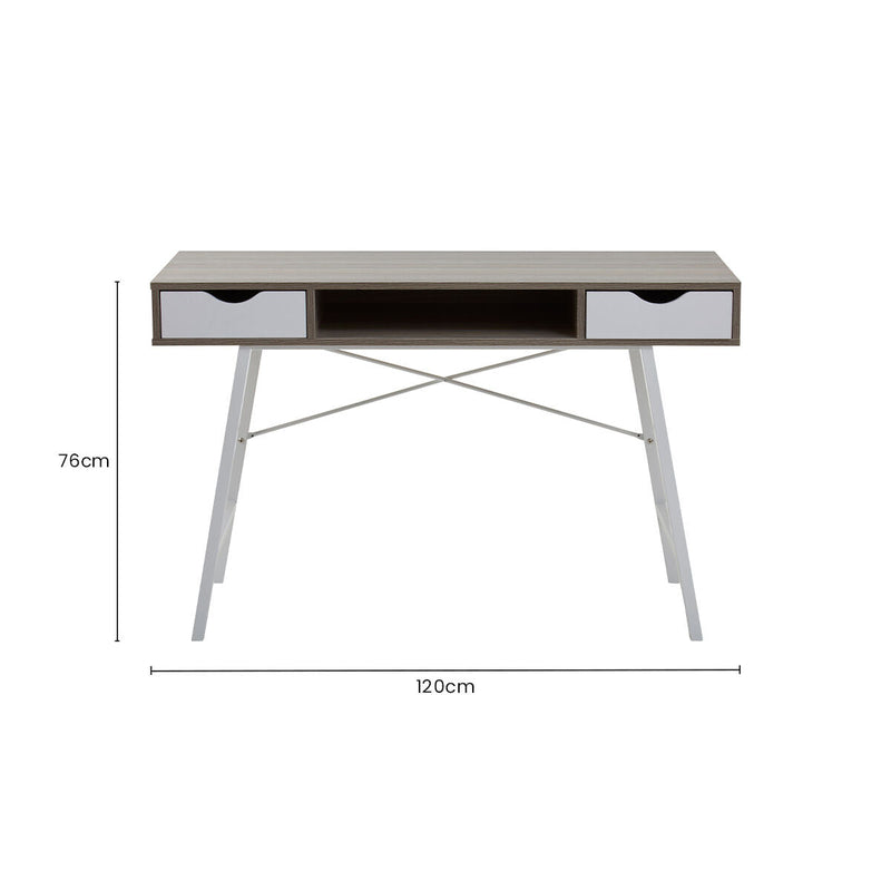 Light Oak Veneer Effect 2 Drawer Desk in White Finish Frame | Bradbury