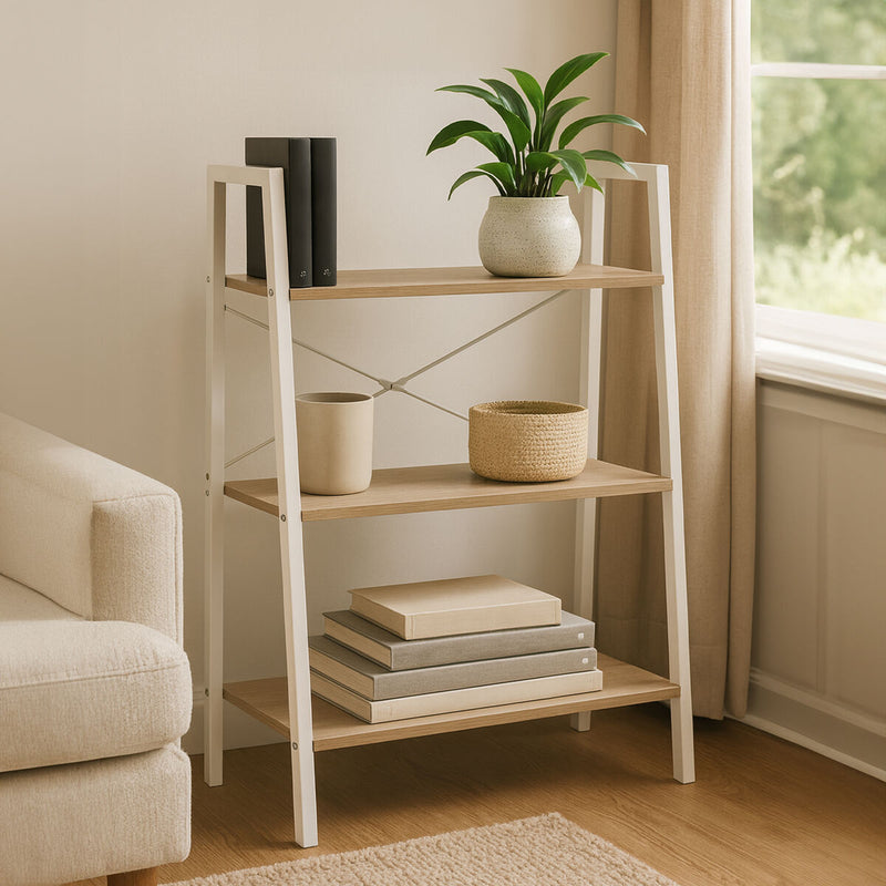 Three Tier Natural Oak Veneer Ladder Shelf Unit | Bradbury