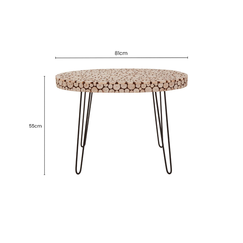 Natural Fir Wood Disc Mosaic Oval Coffee Table with Black Metal Hairpin Legs | Lacuna