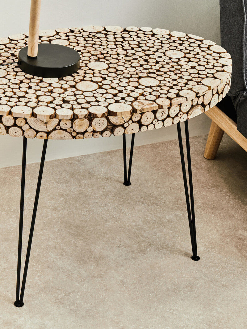 Natural Fir Wood Disc Mosaic Oval Coffee Table with Black Metal Hairpin Legs | Lacuna