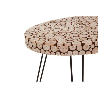 Natural Fir Wood Disc Mosaic Oval Coffee Table with Black Metal Hairpin Legs | Lacuna
