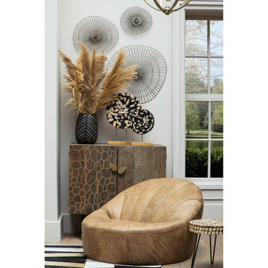 Natural Fir Wood Disc Mosaic Round Coffee Table with Black Metal Hairpin Legs | Lacuna
