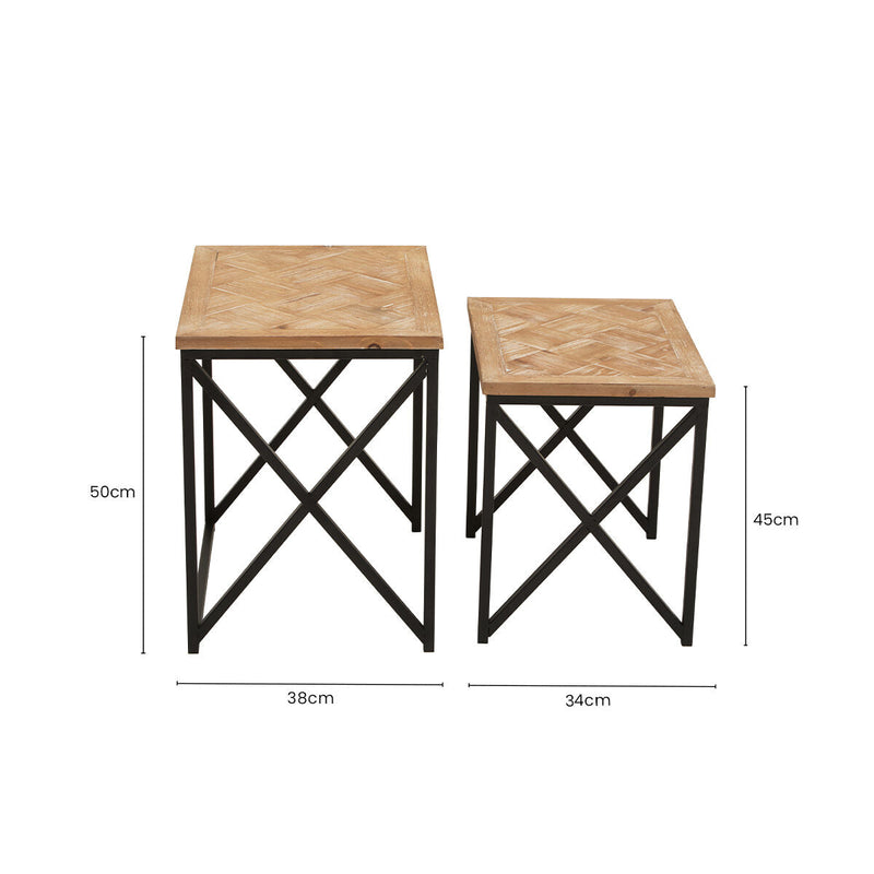 Natural Parquet Fir Wood Set of Two Nesting Tables with Black Metal Frame | Kickford