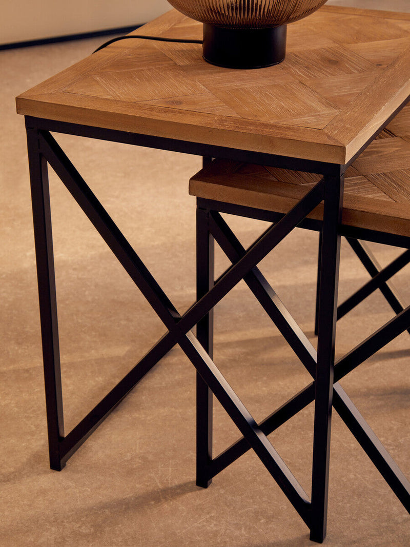 Natural Parquet Fir Wood Set of Two Nesting Tables with Black Metal Frame | Kickford