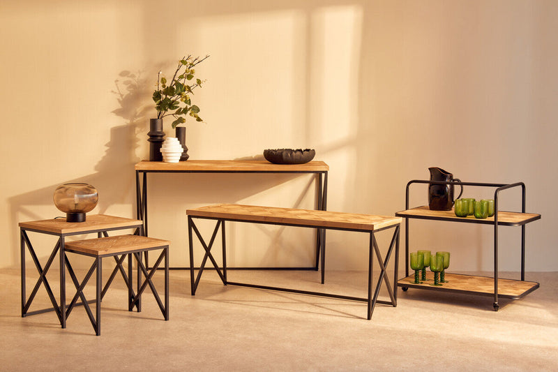 Natural Parquet Fir Wood Set of Two Nesting Tables with Black Metal Frame | Kickford