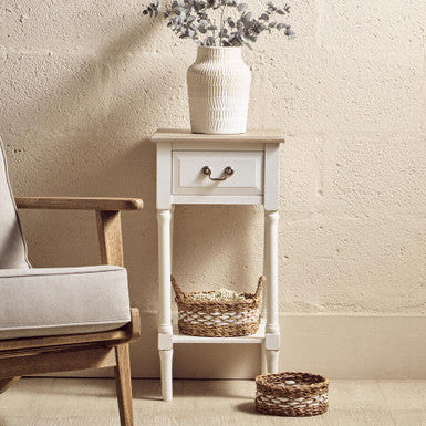 Natural Wooden Frame and White 1 Drawer Wooden Side Table with Lower Storage Shelf | Heritage