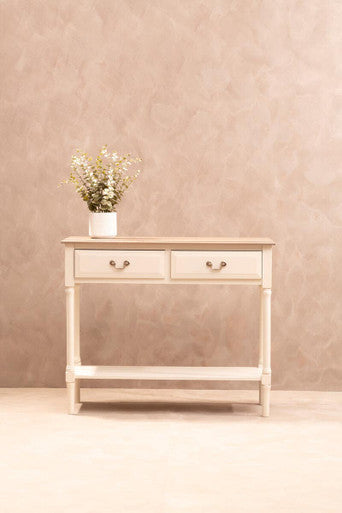 Natural Wooden Frame and White 2 Drawer Wooden Side Table with Lower Storage Shelf | Heritage