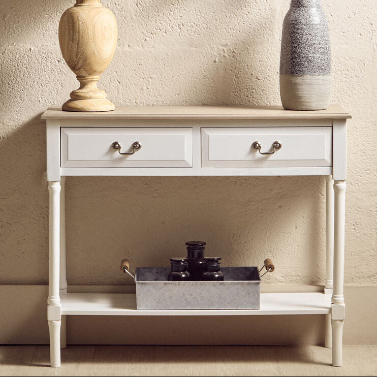Natural Wooden Frame and White 2 Drawer Wooden Side Table with Lower Storage Shelf | Heritage