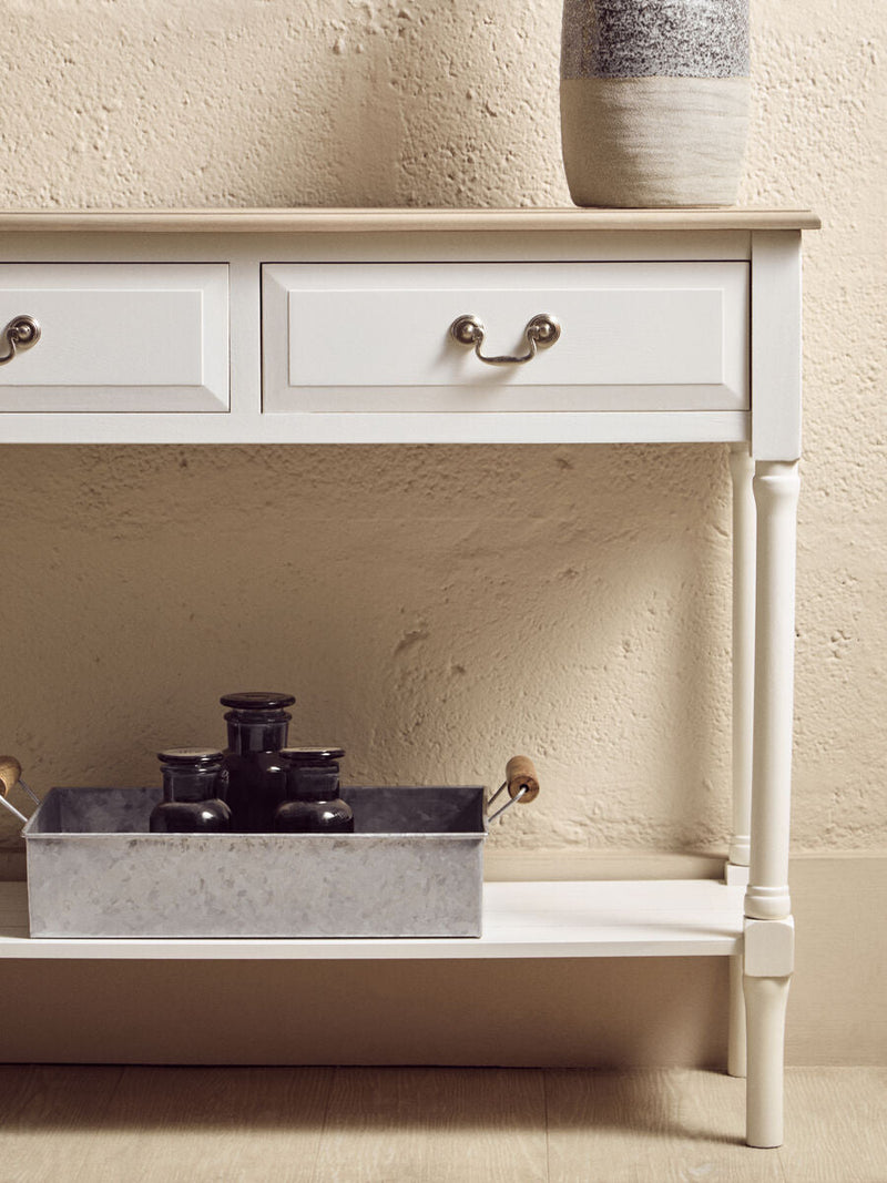 Natural Wooden Frame and White 2 Drawer Wooden Side Table with Lower Storage Shelf | Heritage