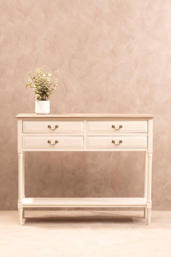 Natural Wooden Frame and White 4 Drawer Wooden Side Table with Lower Storage Shelf | Heritage