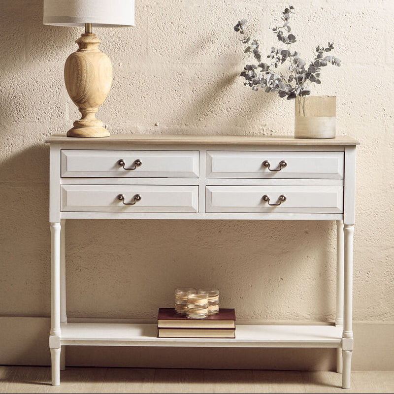 Natural Wooden Frame and White 4 Drawer Wooden Side Table with Lower Storage Shelf | Heritage