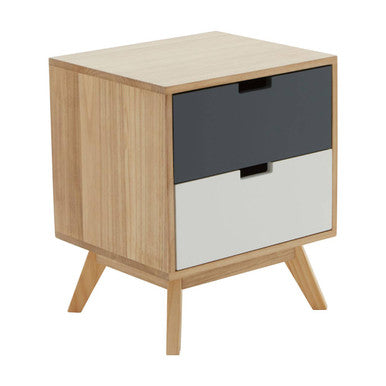 Grey and White Two-Drawer Bedside Table with Natural Wood Finish Frame, Watson