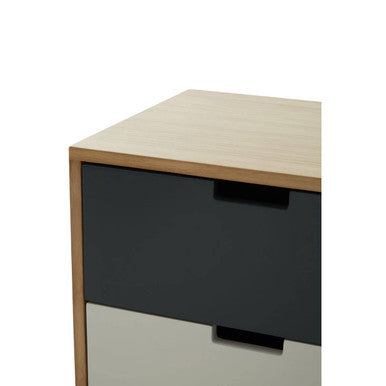 Grey and White Two-Drawer Bedside Table with Natural Wood Finish Frame, Watson
