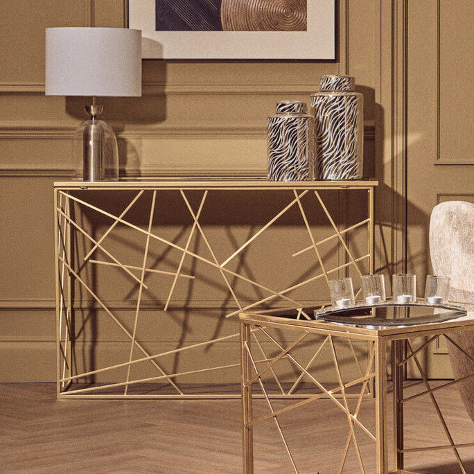 Gold Finish Metal Frame Console Table with Mirror Top | Farran