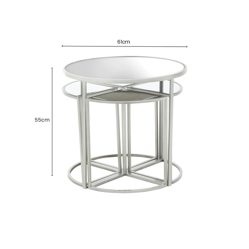 Set of 5 Glass Top Silver Finish Frame Nesting Tables with Geometric Design | Farran