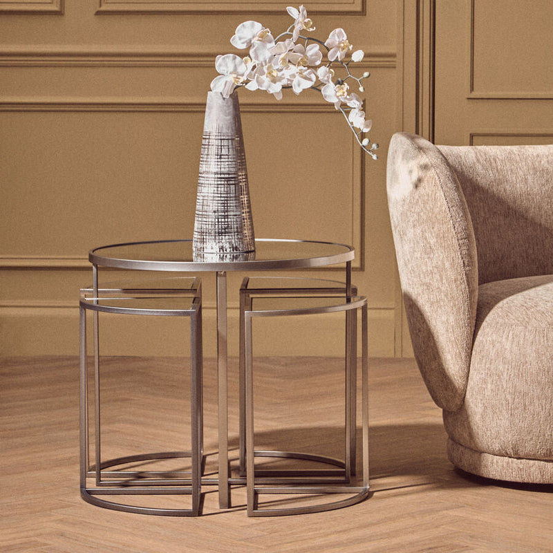 Set of 5 Glass Top Silver Finish Frame Nesting Tables with Geometric Design | Farran