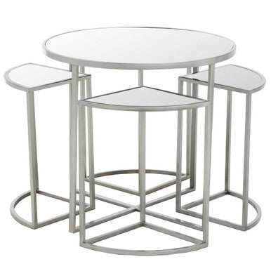 Set of 5 Glass Top Silver Finish Frame Nesting Tables with Geometric Design | Farran