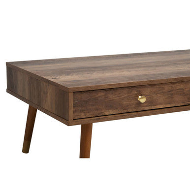 Brown Wood Veneer Coffee Table with 2 Drawers and Angular Wooden Legs | Frida