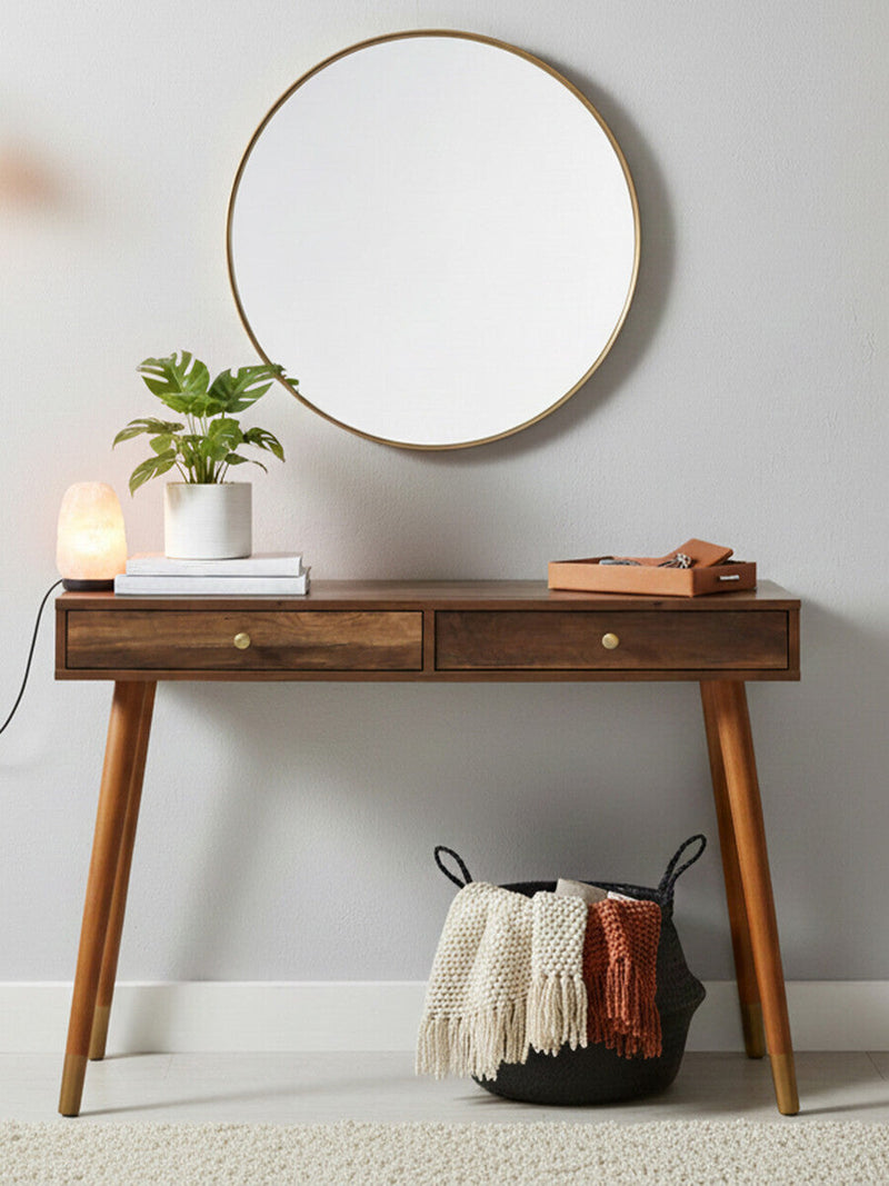 Brown Natural Wood Veneer Console Table with 2 Storage Drawers | Frida