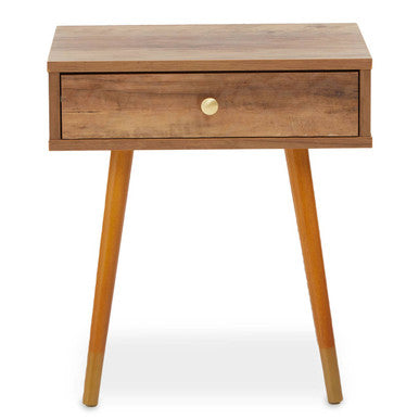 Natural Brown Wood Effect Bedside Table with 1 Drawer and Angular Legs | Frida