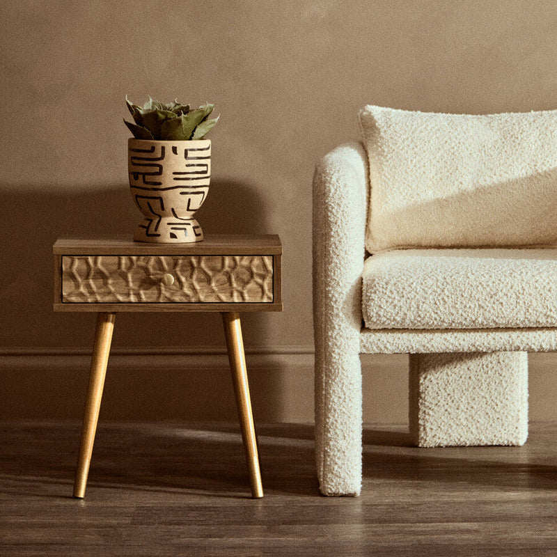 Natural Brown Wood Effect Bedside Table with 1 Drawer and Angular Legs | Frida