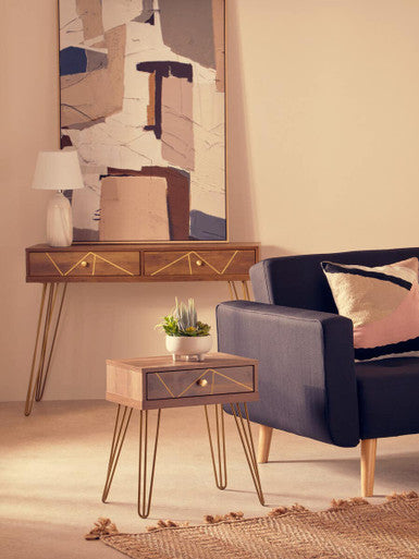 Wood Effect Console Table with 2 Storage Drawers and Hairpin Metal Legs | Flori