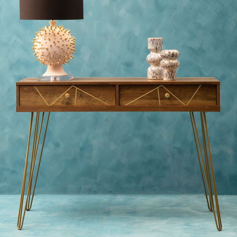 Wood Effect Console Table with 2 Storage Drawers and Hairpin Metal Legs | Flori