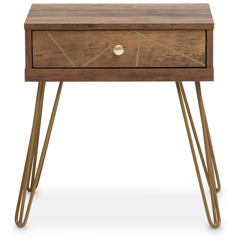 Brown Wood Top 1-Drawer Side Table with Hairpin Legs | Flori