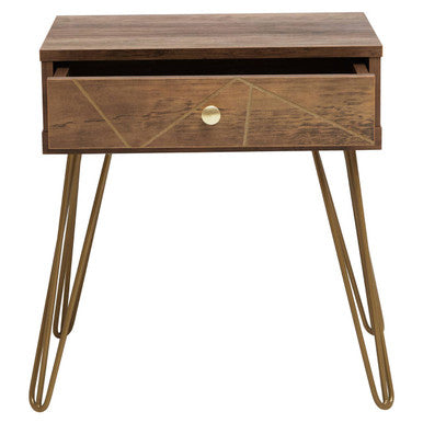 Brown Wood Top 1-Drawer Side Table with Hairpin Legs | Flori