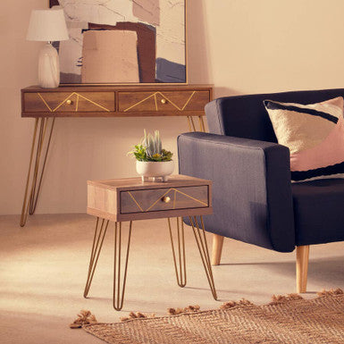 Brown Wood Top 1-Drawer Side Table with Hairpin Legs | Flori