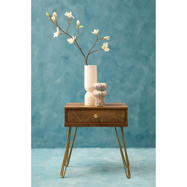 Brown Wood Top 1-Drawer Side Table with Hairpin Legs | Flori