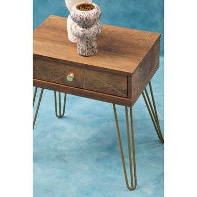 Brown Wood Top 1-Drawer Side Table with Hairpin Legs | Flori