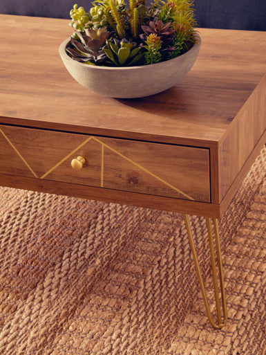 Brown Wood Top 2-Drawer Coffee Table with Hairpin Legs | Flori