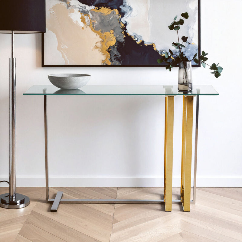 Silver and Gold Steel Frame Console Table with Glass Top | Alvea