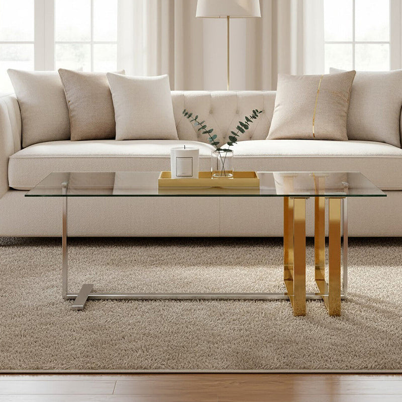 Silver and Gold Steel Frame Coffee Table with Glass Top | Alvea