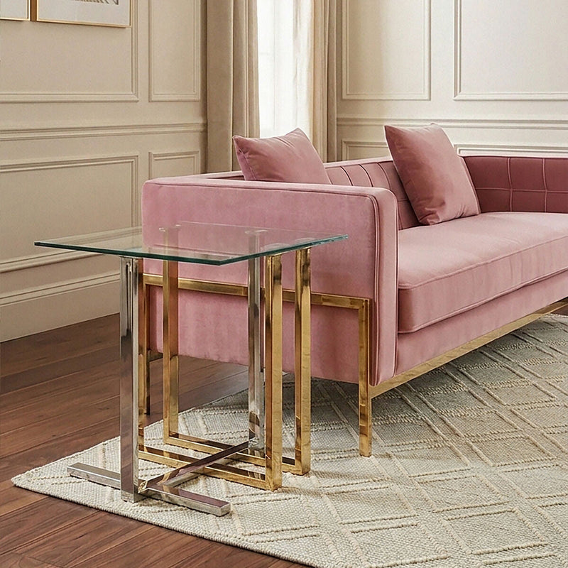 Silver and Gold Steel Frame Side Table with Glass Top | Alvea
