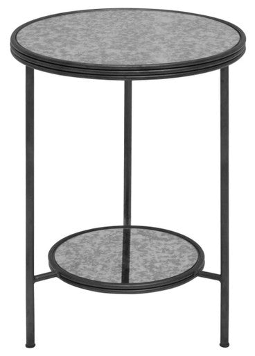 Black and Silver Metal Frame 2-Tier Side Table with Round Mirrored Glass Top | Xania