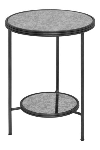 Black and Silver Metal Frame 2-Tier Side Table with Round Mirrored Glass Top | Xania
