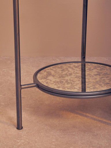 Black and Silver Metal Frame 2-Tier Side Table with Round Mirrored Glass Top | Xania