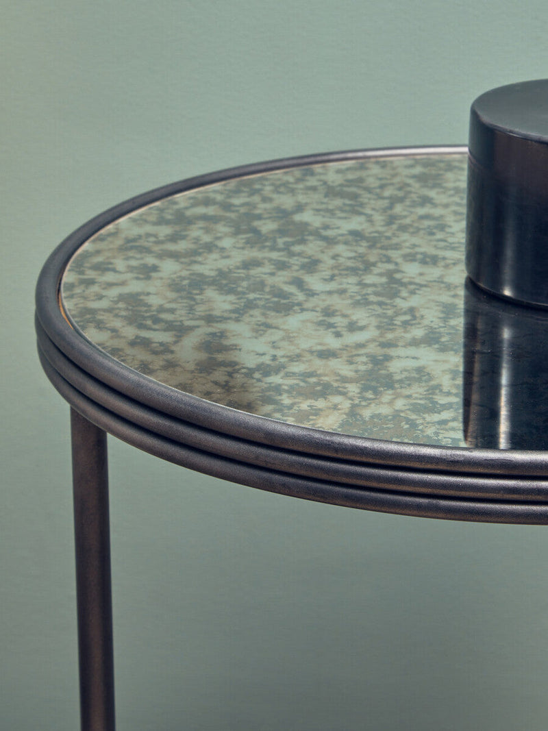 Black and Silver Metal Frame 2-Tier Side Table with Round Mirrored Glass Top | Xania