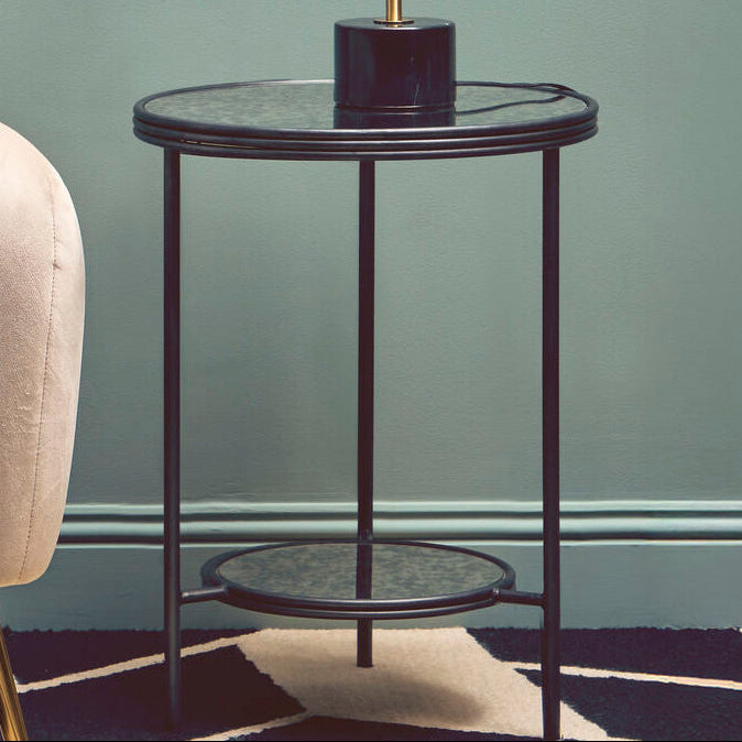 Black and Silver Metal Frame 2-Tier Side Table with Round Mirrored Glass Top | Xania