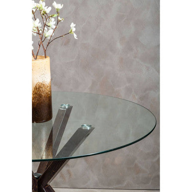 Clear Glass Top Round Dining Table with Black Wood Effect Metal Legs | Salford