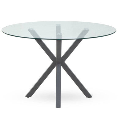 Clear Glass Top Round Dining Table with Grey Metal Legs | Salford