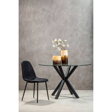 Clear Glass Top Round Dining Table with Black Metal Legs | Salford