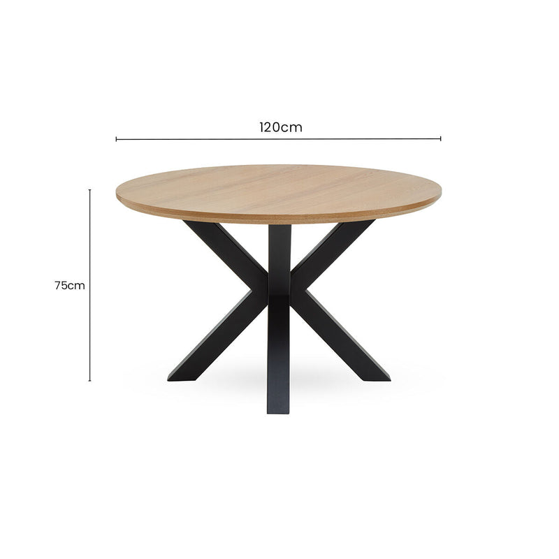 Natural Wood Veneer Top Round Dining Table with Black Metal Legs | Salford