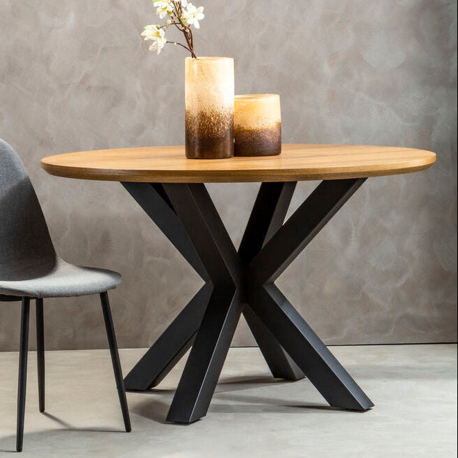 Natural Wood Veneer Top Round Dining Table with Black Metal Legs | Salford