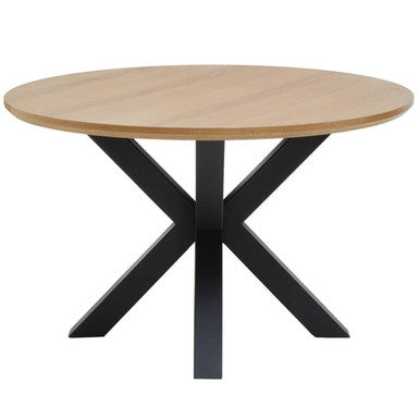 Natural Wood Veneer Top Round Dining Table with Black Metal Legs | Salford