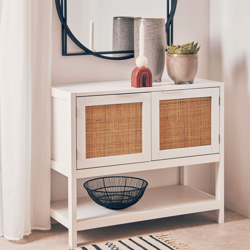 White Wood and Rattan Two Drawer Side Cabinet | Sherman