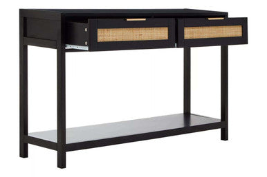 Black Wooden 2-Drawer Console Table with Natural Rattan Panels and Lower Shelf | Sherman