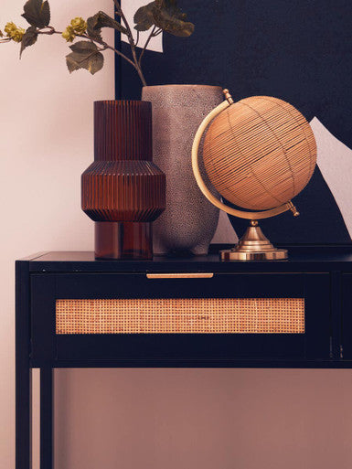 Black Wooden 2-Drawer Console Table with Natural Rattan Panels and Lower Shelf | Sherman